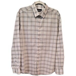 Bar III Mens Button Down Slim Fit Stretch Plaid Dress Shirt Blue Tan Large